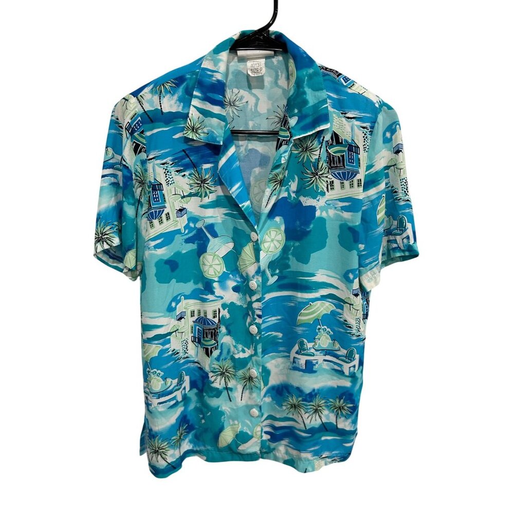GW Petite Hawaiian Button-Up Shirt Tropical Print Blue Green Rayon Womens Size P